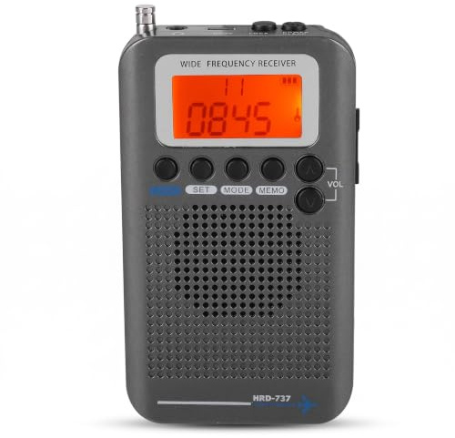 Bewinner Air Band Radio Receiver, Tragbares FM AM CB SW Radio mit Verlängerter Antenne, Breitfrequenz-LCD-Display mit Kopfhörer, Umhängeband (Schwarz)
