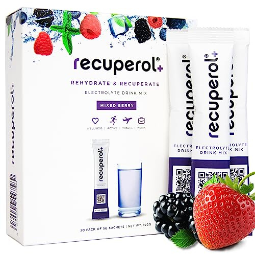 Recuperol Electrolytes Sachets - Rehydration Electrolytes Powder with Zinc, Vitamin C, B12, D3 & Potassium for Hydration - Sugar Free, Vegan & Low Calorie - Mixed Berry 20 Pack