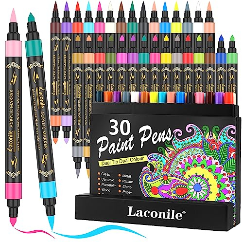 Laconile Dual Tip Acrylic Paint Pens for Rock Painting,30 Acrylic Markers Window Pens with 60 Colours for Glass Stone Wood Ceramic Craft Supplies,Acrylic Marker Pens for Adults
