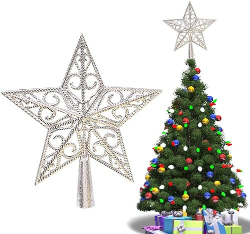 Puntale Albero Di Natale Top, Stella Albero Natale, Stella Plastica Per Albero, Cima Dell'Albero Scintillante, Albero Natale In Pizzo Stella, Decorazioni Casa Per Le Feste Di Natale, 20 cm, Argento