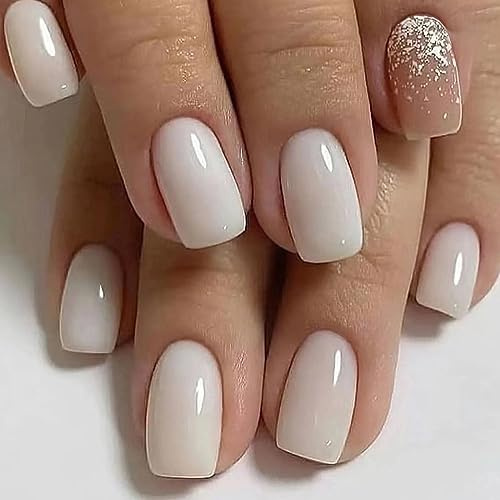 Ceboic 24 Stück Nägel Zum Aufkleben Eckig Kurz, Französische Tipp Weiß Glitzer Kunstnägel Natürlich Press on Nails mit Designs, Ballerina Acryl Falsche Nägel für Frauen und Mädchen
