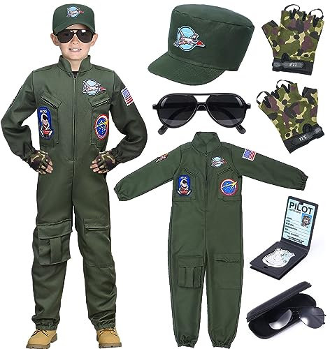 Tacobear Kampfjet Pilot Kostüm Kinder Jungen Flieger Kostüm mit Kappe Handschuhe Sonnenbrille Piloten Overall Uniform Halloween Fasching Karneval Kostüm Cosplay (130, 6-7 Jahre)