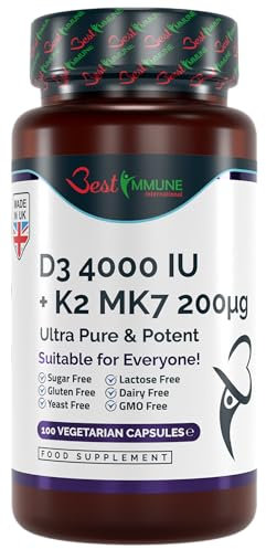 Best Immune Vitamina D3 4000IU + K2 MK7 200 mcg Natural Proporciones perfectas 100 Cápsulas Apoyo inmunológico Máxima Absorción