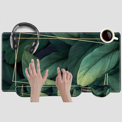 Gaming Mouse Pad 31.5 x 15.75 Inch Green Leaf Desk Mat Extended Large Keyboard Pad Non Slip Computer Mouse Pads Non-Slip Rubber Base and Stitched Desk Pad for Office Work