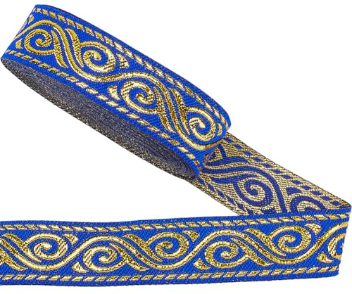 GORGECRAFT 7 Meter Doppelseitiges Jacquardband 2cm Breit Boho-Vintage-Spitzenbesatz Mit Metallischer Stickerei Ethnischer Gewebter Rand Fransenstoff Flacher Besatz Nähen Kleidung Applikationen Blau