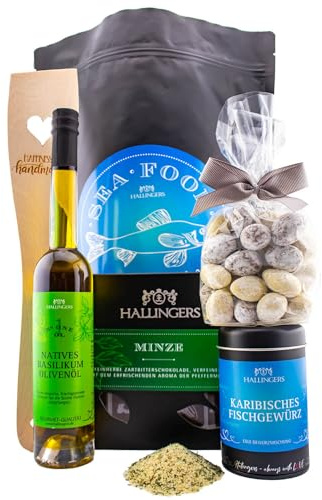 Hallingers Genuss Manufaktur Feinkost Geschenk-Set - XXL-Wundertüte Sea Food großes Grillparty-Mitbringsel Schoki, Fischgewürz, Olivenöl, Nougat & mehr, Geschenkidee für Frauen Männer