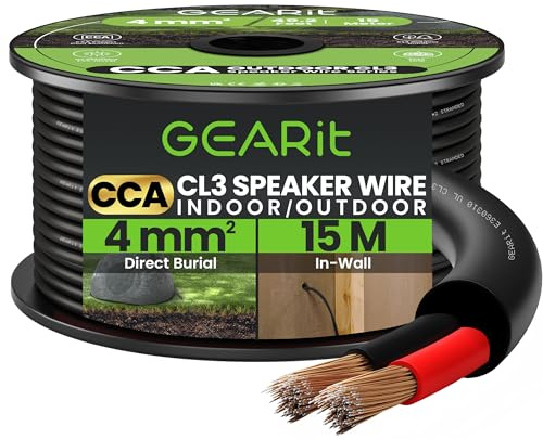 GEARit 2x4mm² Speaker Cable, CL3 In-Wall Rated CCA Speaker Wire 12 Gauge, 12AWG 2 Core Audio Cable for Home Cinema, Outdoor Direct Burial, Garden Speakers and Car Stereo- 15M, Black