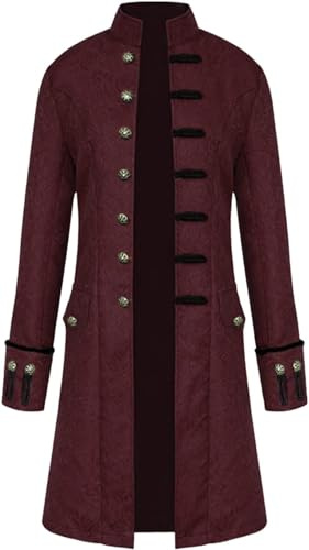 CheJooe Herren Mittelalter Steampunk Frack Kostüm Vintage Gothic Jacke Viktorianische Uniform Lange Smoking Karneval Cosplay Halloween Vampir Party Piraten Mantel, wein, L