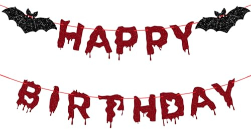Rotes glitzerndes Happy Birthday Halloween Banner, Horror-Partydekorationen Halloween-Geburtstagsparty-Zubehör Horror-Geburtstagsdekorationen, Fledermaus-Vampir-Halloween-Party gruselige schmücken