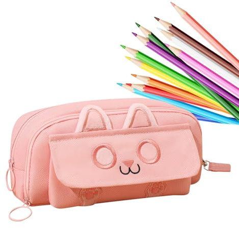 Jvjggag Federmäppchen für Kinder, niedliches Federmäppchen, Stiftehalter, Mädchen, bestickte Katze, Schreibwaren-Box, Schreibtisch-Organizer, großes Fassungsvermögen, Federmäppchen mit Reißverschluss