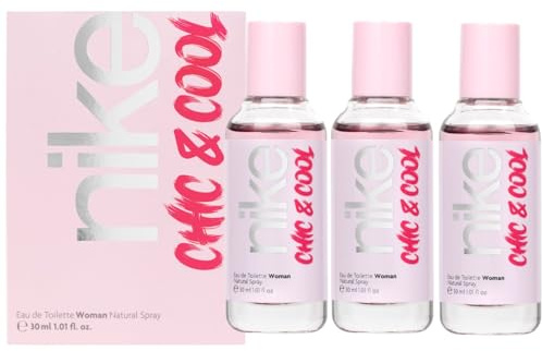 NIKE - Chic & Cool Pack de 3 x 30 ml, Colonia Mujer, Perfume Formato Viaje en Spray, Eau de Toilette Natural y Femenina, Aroma Afrutado, Fragancia Dulce, Intensa y de Larga Duración