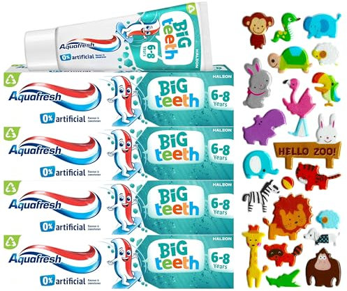 4 Pack Bundle - Aquafresh Big Teeth Age 6-8 Years (4X 50ml). A Hadco Bundle with a Puffy Sticker Sheet Included (Stickers Chosen at Random) Kids Toothpaste.