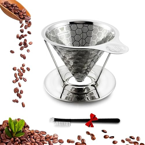 dailybrew Pour over Coffee Dripper, Triple Layer Stainless Steel Cone Coffee Filter, 4 Cup Non-Electric Manual Portable Drip Coffee Maker, Metal Cone Cafe Coffee Dripper