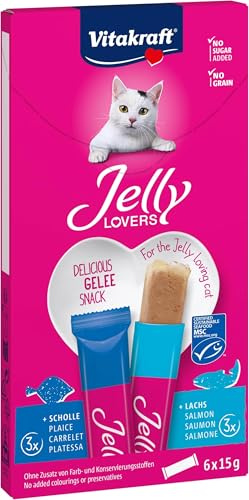 Vitakraft Jelly Lovers, Katzensnack, mit Lachs und Scholle, im Vorratspack, ohne Zusatz von Zucker und Getreide (1 Paket mit 6X 15g) (Packung mit 5)