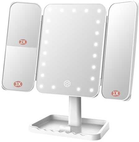FASCINATE Rechargeable Trifold Makeup Vanity Mirror with Lights | 2X3X Magnification, Dimming, Touch Sensor, 360° Rotation, Portable Cosmetic Mirror for Home Travel