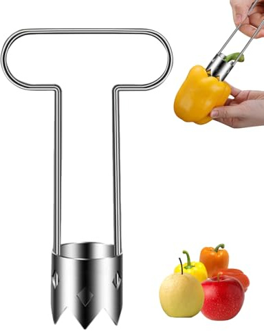 Paprika Entkerner mit T Handgriff, 2025 Verbesserter Edelstahl Chili Entferner Pfeffer Gemüseschnitzer, Fruchtentkerner, Apfelausstecher, Ausstecher für Rote Paprika, Küchenhilfswerkzeuge (1 Stück)