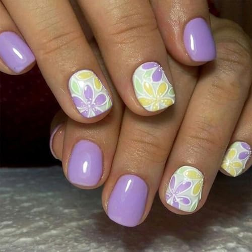 CharmBurst 24 Stück Sommer Press on Nail, Kunstnägel, Kurze Quadratische Lila Fingernägel, Blumen-Muster, Vollständige Abdeckung, Aufklebbare Press-on-Nägel