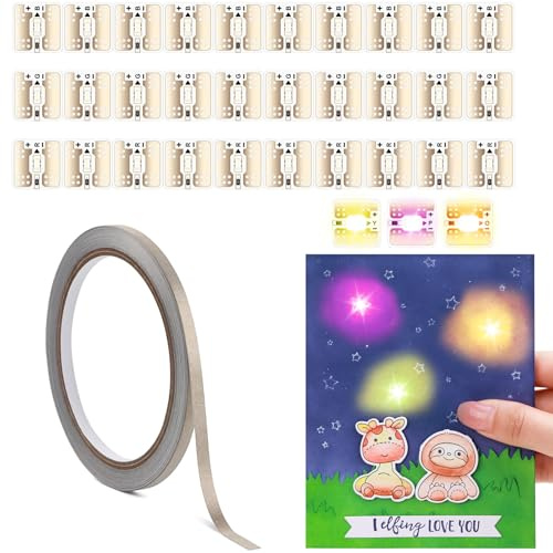 30 piezas de pegatinas de circuito LED para hacer tarjetas iluminadas, kit de manualidades con luces LED amarillas, rosas y naranjas con cinta de tela conductora para hacer tarjetas interactivas