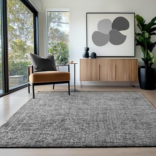 HomebyHome Baumwolle Teppich Grau 120x170 cm - Waschbar, Boho-Stil, Vintage Kelim, Kurzflor, rutschfest & Weich, Einfarbig Meliert, Für Wohnzimmer, Schlafzimmer, Büro & Küche
