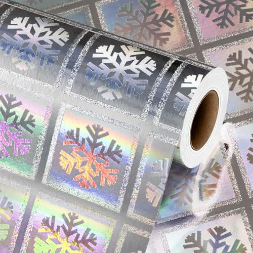Wikadlik Silbernes holografisches Geschenkpapier, niedliche Schneeflocken-Geschenkpapier für Weihnachten, Winter, Feiertagsfeier – 43 cm x 10 m