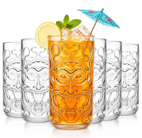 Pumtus 6 Pack Tiki Glasses, 18 OZ Clear Tiki Cocktail Cups, Exotic Tropical Shot Drink Mug, Old Fashioned Hawaiian Party Glasses, Mixed Drinking Tumbler for Tiki Bar, Lemonade, Ice Tea