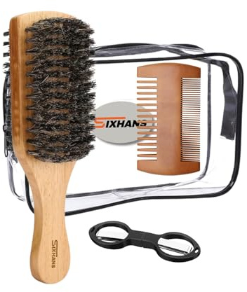 Men’s Beard Brush & Comb Set – Natural Bristle Beard Brush for Soft Grooming,Gentle on Skin| 3-IN-1 Wooden Mustache Comb,Scissors & Styling Brush for Thick & Thin Beards |Pocket Size & Storage Bag