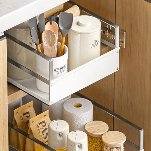 Pull Out Cabinet Organiser with Stainless Steel Handles for Kitchen Cabinets Heavy Duty Slide Out Drawers Storage Shelves Cupboard Organiser Self Adhesive Sliding Cabinet Basket for Pantry, Bathroom