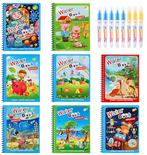 GSrenyu 8 Set Magic Water Colouring Books, Water Painting Books with Pens | Reusable, Water Painting Books With 8 Water Pen, Animal, Cartoon, Educational, Enhance Creativity and Focus