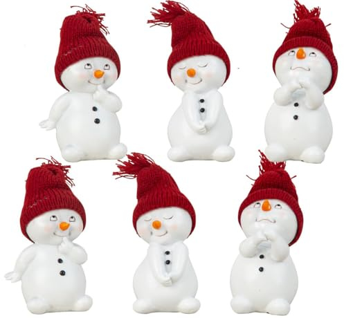 Geschenkestadl 6er Set in Rot Schneemann Figuren – ca. 12 x 8 cm – Lustige Winterdeko 3-Fach Sortiert – Handbemalte Weihnachtsfiguren für Fensterbank, Tisch & Deko-Ideen