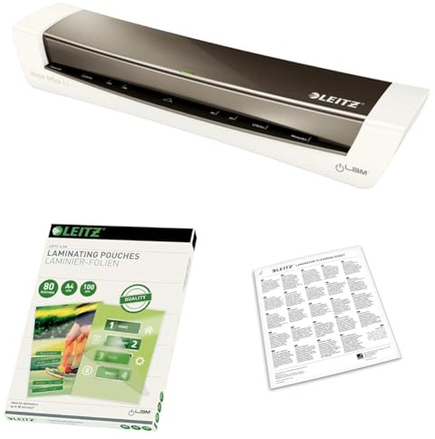 Leitz iLAM Set A3 Laminiergerät, Für 80 bis 125 mic Laminierfolien, 74400089 + Heißlaminierfolien A4 80 mic im 100er Pack, 33818 + Premium A3/A4-Reinigungsblätter für Laminiergeräte 5er-Pack, 72550000