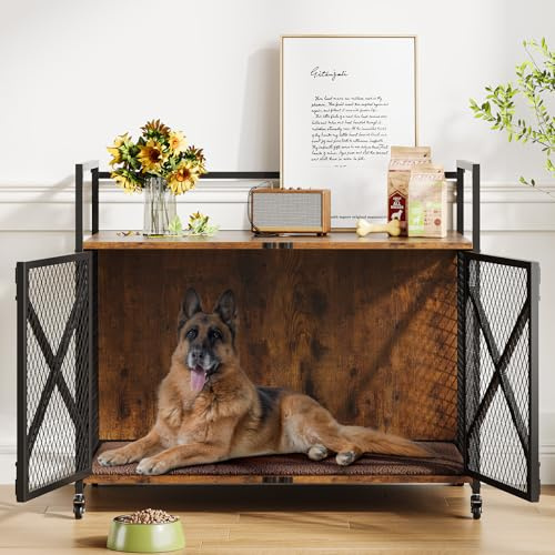 Hundekäfig Möbel, Hundebox aus Metall und Holz, Hundehaus 2 Türen, Großzügiger Stauraum auf der Oberseite, Moderne Hundehütte End Tabelle hochbelastbar für Kleine, Mittelgroße & Große Hunde 52x79x73cm