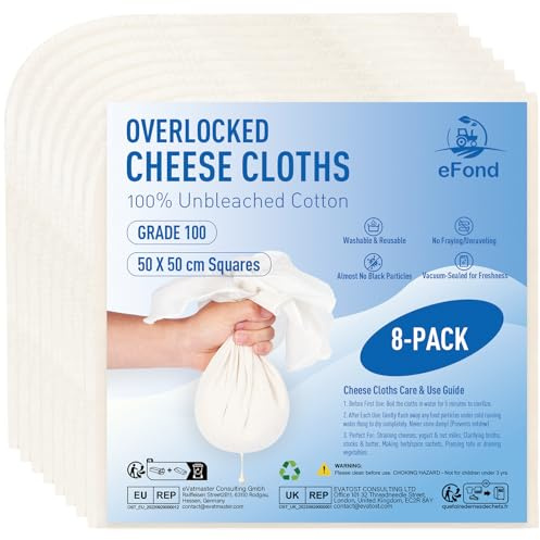 eFond Lot de 8 carrés de gaze de 50 x 50 cm avec ourlet surjet Grade 100 pour filtrer le beurre, le lait de noix, le yaourt | Cheesecloth, étamine pour cuisiner et rôtir