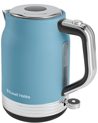 Russell Hobbs - Hervidor eléctrico (1,7 L, 2400 W] Hanley (diseño vintage azul, acero inoxidable, ahorro de energía, tapa con botón pulsador, medidor de nivel de agua, base 360 °, almacenamiento del