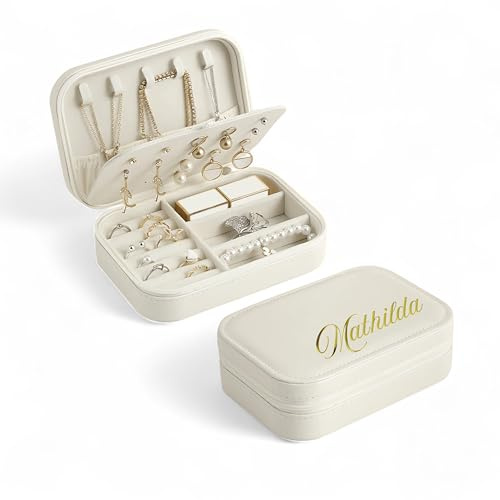 Personalisierte Schmuckkästchen mit Namen, PU-Leder, Reißverschluss, Personalisierbare Schmuckschatulle Frauen, Mädchen, Schmuckkasten Reise personalisiert, 16 x 12 x 6 cm (Weiß)