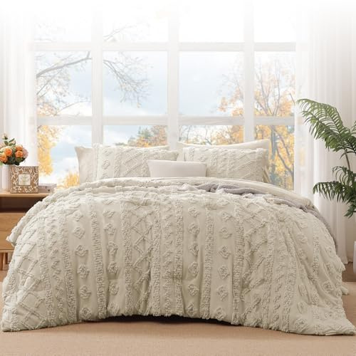 WRENSONGE Queen Size Comforter Set with Sheets - 7 Pieces Beige Tufted Bed in a Bag Queen Shabby Chic Bedding Sets with 1 Comforter, 2 Sheets, 2 Pillowcases & 2 Shams