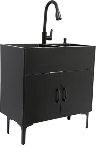 Fregadero de cocina independiente doble con armario, encimera de cocina, armario de almacenamiento, armario de cocina con grifo extensible y dispensador de jabón