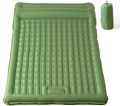 RUMBALUXY Materassino da Campeggio per Due con Pompa a Pedale, Autogonfiabile Materasso Gonfiabile XXL, Gonfiabile doppio con Cuscino, Verde oliva, 196x135x12cm Oversized (Motivo a quadri)