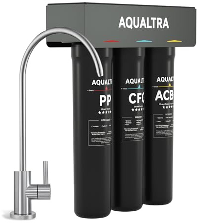 AQUALTRA USF-3F-15 Alkalisches Untertisch-Filtersystem mit Wasserhahn, 30000–151000L, reduziert PFOA, PFOS, Chlor, Blei, Quecksilber, Chloramin, Fluorid, Mikroplastik, Geschmack & Geruch