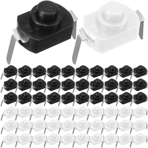 HAAMNING7 Pulsante mini micro con blocco automatico On/Off, pulsante di controllo On/Off piegato Pulsante di blocco Interruttore ON OFF CC 30 V 1 A (confezione da 60, bianco e nero)