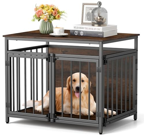 GYMAX Hundekäfig Möbel, Beistelltisch, Hundebox mit geräumige Ablagefläche & 3 Türen, Moderne Hundehütte Indoor für kleine/mittlere Hunde, Hundekäfig aus Holz für Zuhause, 80 x 60 x 64 cm