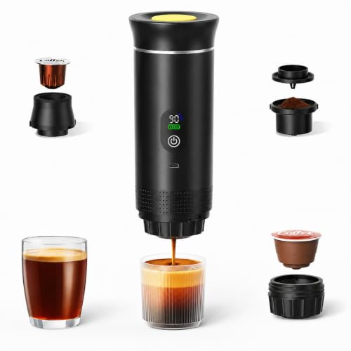 Dyovbze Macchina da caffè portatile elettrica con display digitale, macchina da caffè da viaggio compatta, nero