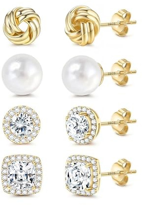 Morfetto 4 Pares Pendientes Mujer Plata de Ley 925 Chapados Oro 14K Hipoalergénicos Redondas/Cuadradas Zirconia Cúbica Pendientes Brillante Nudo Perla Pendiente Boton Regalo Dorada Perla
