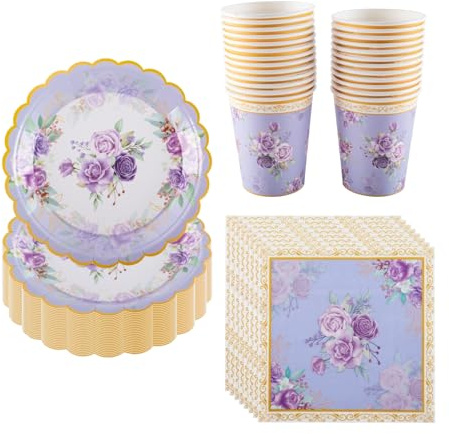 CEILIWEN Lot de 100 assiettes, tasses et serviettes en carton Motif floral vintage pour 25 invités pour goûter, mariage, fiançailles, jardin et fête prénatale Violet