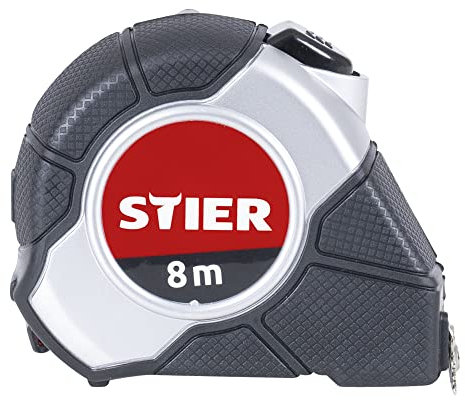 STIER Taschenbandmaß, Länge 8 m, Bandbreite 25 mm, Gürtelclip, Self-Lock-Buttons, Automatikband-Mechanik, 2K-Gehäuse, Maßband, Bandmaß, Messband, measuring tape, tape measure