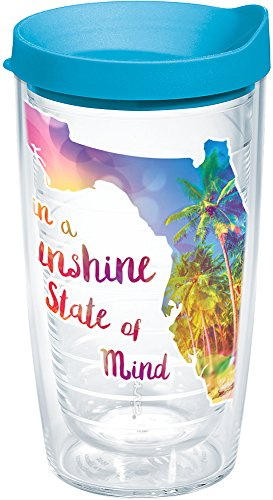 Tervis Florida Sunshine State of Mind Made in USA Double Walled Insulated Tumbler Travel Cup Keeps Drinks Cold & Hot, 16oz, Blue Lid
