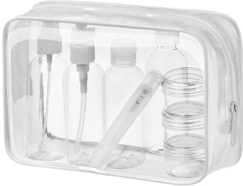 MOCOCITO Kulturbeutel durchsichtig und 8 Stück Reiseflasche Set (max.100ml) und Plastikbeutel für Flüssigkeiten zugelassen (20x20cm) nach EU&UK Handgepäckbestimmungen|Kulturtasche für Flüssigkeiten