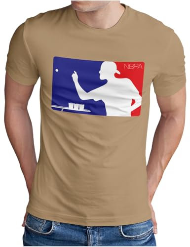 OM3® Beer-Pong-League T-Shirt - Herren - Trinkspiel Logo Champion Bier Party - Khaki, M