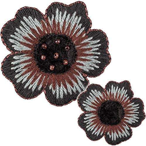 alles-meine.de GmbH 2 Stück Bügelbilder/Applikation/Aufbügler - Blume - Blüte/schwarz & grau & braun - 4,6 + 6,5 cm - Aufnäher/gewebte Flicken - zum Aufbügeln Aufkleben..