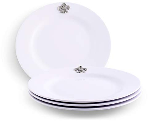 Arthur Court 4-Piece Pewter Fleur de lis on Heavyweight and Durable Melamine Plate, for Indoors Outdoors Use, Party and Everyday Use - French Décor Tableware Dinnerware 10 inch Diameter
