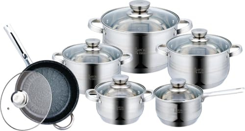 Royal Swiss® Set de 5 Casseroles et 4 Couvercle en verre, 10 Pièces – ustensiles de cuisine idéal Induction cuisinère gaz & vitrocéramique, Batterie de cuisine Casserole Acier Inoxydable (10 pcs+ pan)